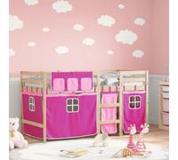 Lit Mezzanine Enfant avec Rideaux, Lit Superposé 90x200 cm en Pin Massif, Cadre de Lit avec Échelle et Barrières de Sécurité, Espace de Rangement,Garçon ou Fille, Rose, 205.5 x 95.5 x 113.5 cm