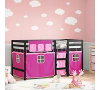 Lit Mezzanine Enfant avec Rideaux, Lit Superposé en Pin Massif, Cadre de Lit avec Échelle et Barrières de Sécurité, Espace de Rangement Intégré, Couleur Noir et Rose, 205.5 x 85.5 x 113.5 cm