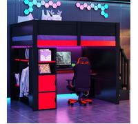 Lit mezzanine enfant en bois pour gamers 140x200 cm, Lit 1 Personne avec bureau éclairage LED, port de recharge USB et escalier noir