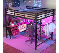 Lit mezzanine enfant en Fer 140x200 avec éclairages LED,bureau,prise + USB, 3 tiroirs,étagères,tringle à vêtements,lit superposé avec garde-corps,Cadre de lit Mezzanine 1 Place (A-Noir, 140x200)