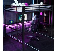 Lit mezzanine enfant gaming en métal 160x200 cm Lit ado Lit double avec bureau éclairage LED ports USB barrière - noir