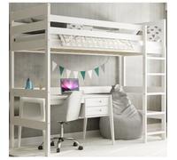 Lit mezzanine enfant INTERBEDS avec échelle réversible - Bois massif - Blanc - 90x200 cm - Sans matelas