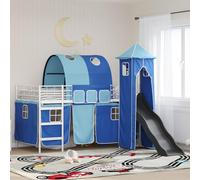 Lit Mezzanine Enfant Moderne Blanc et Bleu, 99,5 x 200 cm, Cadre Métal Robuste avec Toboggan, Tunnel, Rideaux, Tour, pour Chambre d'enfant