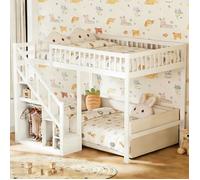 Lit mezzanine enfant pin 90x200, Lit adulte loft avec échelle de rangement armoire étagères et sommiers à latte, bois massif blanc