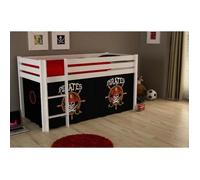 Vipack PINO Lit sureleve en pin massif avec sommier Blanc + Rideau de lit Pirate Blanc G