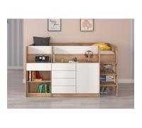 Lit mezzanine enfant SMILE P chêne sonoma/blanc avec bureau coulissant, tiroirs et rangements - échelle droite