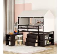 Lit mezzanine fonctionnel taille double avec bureau, armoire roulante, étagère et tente, garde-corps sur toute la longueur sur le lit supérieur pour plus de sécurité, pas de sommier tapissier