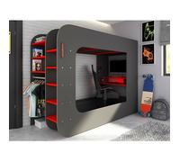 Lit mezzanine gamer 90 x 200 cm - Avec bureau et rangements - Avec LEDs - Anthracite et rouge + matelas - WARRIOR