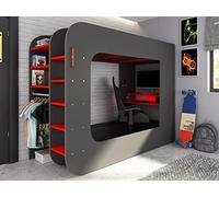 Vente-unique - Lit Mezzanine Gamer 90 x 200 cm - avec Bureau et rangements - avec LEDs - Anthracite et Rouge - Warrior - pour Enfant