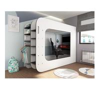 Lit mezzanine gamer 90 x 200 cm - Avec bureau et rangements - Avec LEDs - Blanc et anthracite - WARRIOR