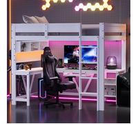 Lit mezzanine gamer 90x200 avec bureau et LED, Lit superposé Enfant avec rangements et station de recharge, Blanc(Sans Matelas)