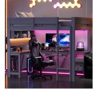 Lit mezzanine gamer 90x200 avec bureau et LED, Lit superposé Enfant avec rangements et station de recharge, Gris(Sans Matelas)