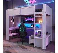 Lit mezzanine gamer 90x200 cm avec bureau, LED, tiroir et étagères - Blanc - Sans Matelas