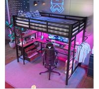 Lit Mezzanine Gamer avec Bureau, Étagères, Tiroirs, Éclairage LED, Prise USB, Cadre de Lit en Métal (Sans Matelas) 90x200 cm Noir