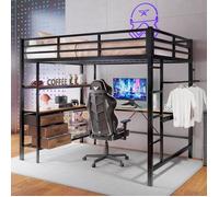 Lit Mezzanine Gamer avec Bureau, Étagères, Tiroirs, Éclairage LED, Prise USB, Cadre de Lit en Métal (Sans Matelas) 140x200 cm Noir