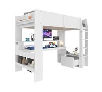 Lit mezzanine gamer bureau intégré étagères ouvertes tiroir rangement garde-corps sécurité échelle stable pin massif MDF LED ambiante ambiance chambre étude travail couchage (Blanc,90x200cm)