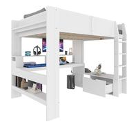 Lit mezzanine gamer bureau intégré étagères ouvertes tiroir rangement garde-corps sécurité échelle stable pin massif MDF LED ambiante ambiance chambre étude travail couchage (Blanc,140x200cm)