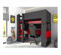 Lit mezzanine gamer NOAH avec bureau et rangements intégrés - 90 x 200 cm - LEDs - Anthracite et rouge + matelas
