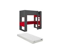 Lit mezzanine gamer NOAH avec bureau et rangements intégrés - 90 x 200 cm - Avec LEDs - Anthracite et rouge + matelas