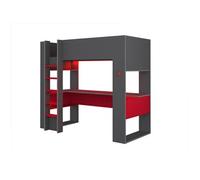 Lit mezzanine gamer NOAH avec bureau et rangements intégrés - 90 x 200 cm - Avec LEDs - Anthracite et rouge