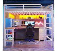 Lit mezzanine gaming 140 x 200 cm avec bureau, lit superposé avec LED RGB et Ports USB, lit en métal avec sommier à Lattes, blanc