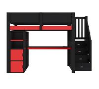 Lit mezzanine gaming 140x200 en bois avec bureau, rangements, LED, port USB et escalier noir avec rangement, noir/rouge,sans matelas