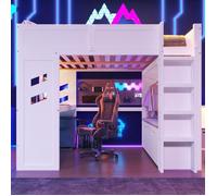 Lit Mezzanine Gaming 140x200cm avec Bureau, LED, Ports USB/Type-C, Échelle, Tiroir, Blanc - sans matelas