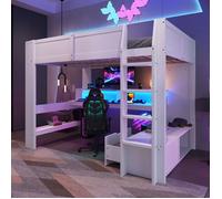 Lit Mezzanine Gaming 140x200cm Blanc - Bureau Intégré + LED, Tiroir & Étageres - Espace Optimisé - Sans Matelas