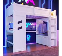 Lit mezzanine gaming 90×200 cm, blanc, avec LED, ports USB Type-C, bureau, échelle et tiroir