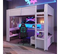 Lit Mezzanine Gaming 90x200 cm avec Bureau Intégré, Éclairage LED, Tiroirs de Rangement et Tablettes, Moderne et Fonctionnel, sans Matelas, Blanc