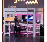 Lit Mezzanine Gaming 90x200 cm avec Bureau Intégré, Étagères, Éclairage LED 7 Couleurs et Station de Charge (Sans matelas), Blanc