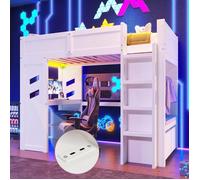 Lit mezzanine gaming 90x200 cm, blanc, avec LED, ports USB/Type-C, bureau, tiroir et étendoir