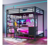 Lit mezzanine gaming 90x200 et 140x200cm, lit enfant en métal avec tiroirs, bureau, LED, port USB,cadre de lit avec sommier à