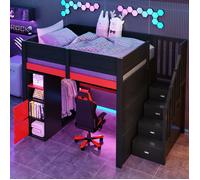 Lit Mezzanine Gaming Bois 140x200, Rouge/Noir, Bureau, LED, USB, Escalier Rangement, Design Sport
