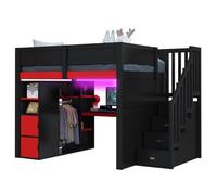 Lit Mezzanine Gaming Bois 140x200cm,Bureau,Rangements Multi-niveaux, Led, Usb, Escalier Rangement Noir, Noir Et Rouge, Sans Matelas