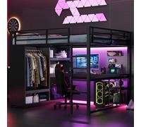 Lit Mezzanine Gaming en Métal avec LED et Bureau, Noir, 160x200 cm