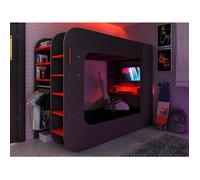 Lit mezzanine - Graham - Avec bureau gamer, tringle à linge et étagères - 90x200 cm - Gris anthracite/rouge