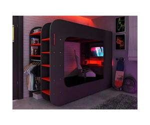 Lit mezzanine - Graham - Avec bureau gamer, tringle à linge et étagères - 90x200 cm - Gris anthracite/rouge