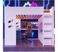 Lit mezzanine haut,140 x 200 cm,lit gamer avec bureau, LED, d'un port USB et d'un port Type-C, d'un tiroir et d'un portant, blanc