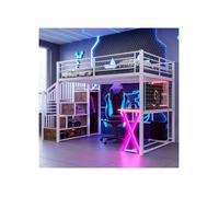 Lit mezzanine Lit enfant double 140x200 cm éclairage d'ambiance télécommandé échelle de rangement bureau armoire étagères blanc