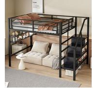 Lit mezzanine Lit enfant double 140x200 cm étagères échelle de rangement espace libre sous le lit pour habillage garde-corps noir