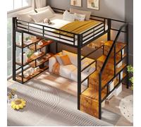 Lit mezzanine lit enfant lit double 140×200 cm marches intégrées garde-corps LED rangement sous lit matelas non inclus noir