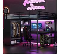 Lit mezzanine - Lit mezzanine gaming 160x200 - Structure métal noire - LED intégrée - Bureau & rangements