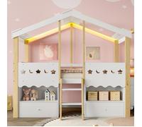 Lit mezzanine Lit mi-haut 90x200 cm, forme maison, 2 tiroirs, LED, blanc+bois naturel