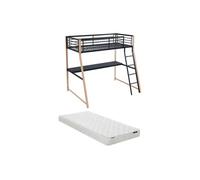 Lit mezzanine MALICIA - 90 x 190 cm - bureau intégré - Noir et chêne + matelas