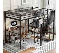 Lit mezzanine métal 120x200 cm, bureau étagère, fer MDF noir, armoire ouverte, zone pliante/suspendue, escalier 4 marches