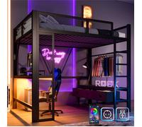 Lit Mezzanine Métal 140x200 avec Bureau et Rangement, Lit Gaming 2 Places avec Multiprise USB et LED, 3 Tiroirs et Penderie, Noir
