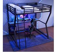 Lit Mezzanine Métal 140x200 avec Bureau Gaming, LED, Prise & USB, Étagère PC, Escalier et Garde-Corps, Lit Surélevé- Blanc