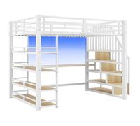 Lit mezzanine métal 140x200 blanc avec escalier, bureau, rangements, station USB et éclairage LED fonctionnel, Sans Matelas