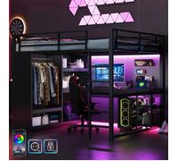Lit Mezzanine Métal 160x200 avec Bureau, LED et Multiprise USB, Lit Gaming Gamer 2 Places avec Rangement pour Adulte, Penderie, Noir